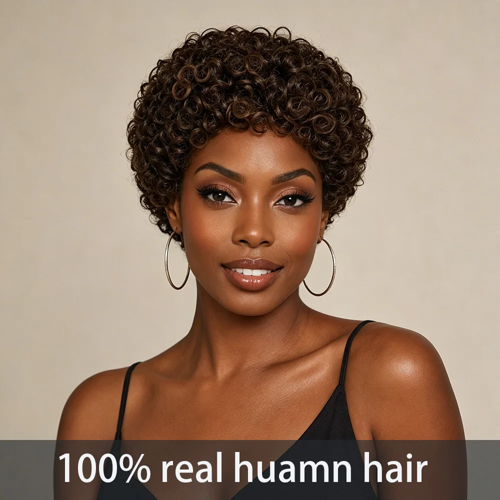

Short Curly Pixie Cut Human Hair Wig For Women 4Inch Dark Brown Curly Human Hair Wigs Soft Afro Curls wig Full Machine Made