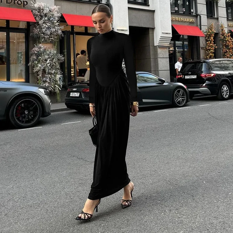 Talenza Elegant High Waist Smocked Long Dress Women's Solid Turtle Neck Slim Long Sleeve Casual Dress Evening Dress Robe Y2k