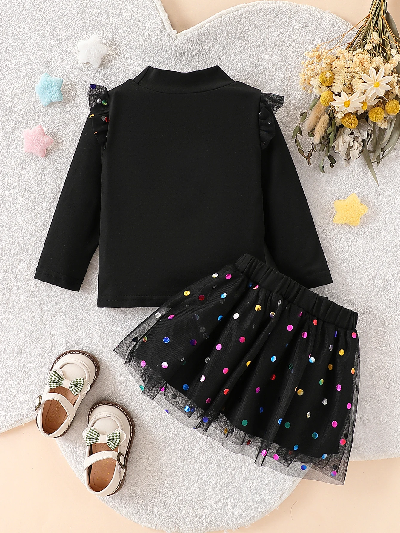 Black Glitter Birthday Letter Ruffle Shirt Baby Girls Matching Rainbow Polka Dot Bow Mesh Skirt Holiday 2Pcs Clothes Set 12M-5Y