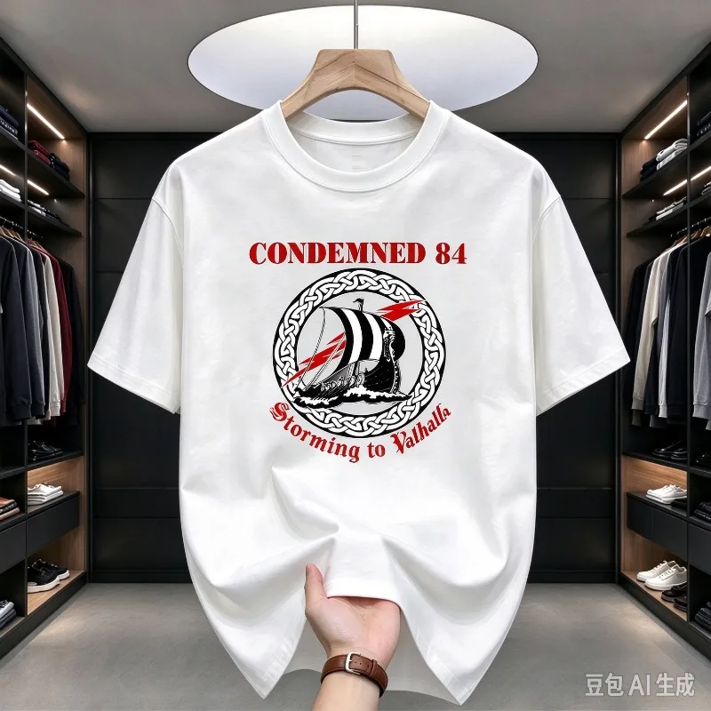 CONDEMNED 84 Storming to Valhalla T-Shirt, Viking Longship Graphic Tee, Soft Modal , Loose Fit Short Sleeve Top for Men