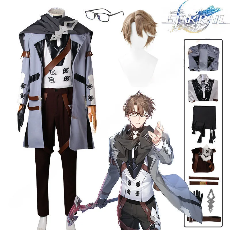 

Honkai Star Rail Welt Yang Cosplay Costume Wig Game Uniform Glasses Trench Scarf Astral Express Halloween Party Men Outfit