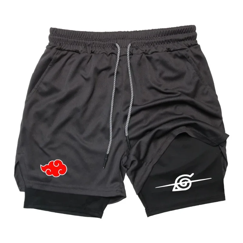 Men's Anime Double-Layer Shorts Gym Exercise Multi-Functional Training Hip-Hop Fast Drying Jogging Pants Towel Y2K Fitness