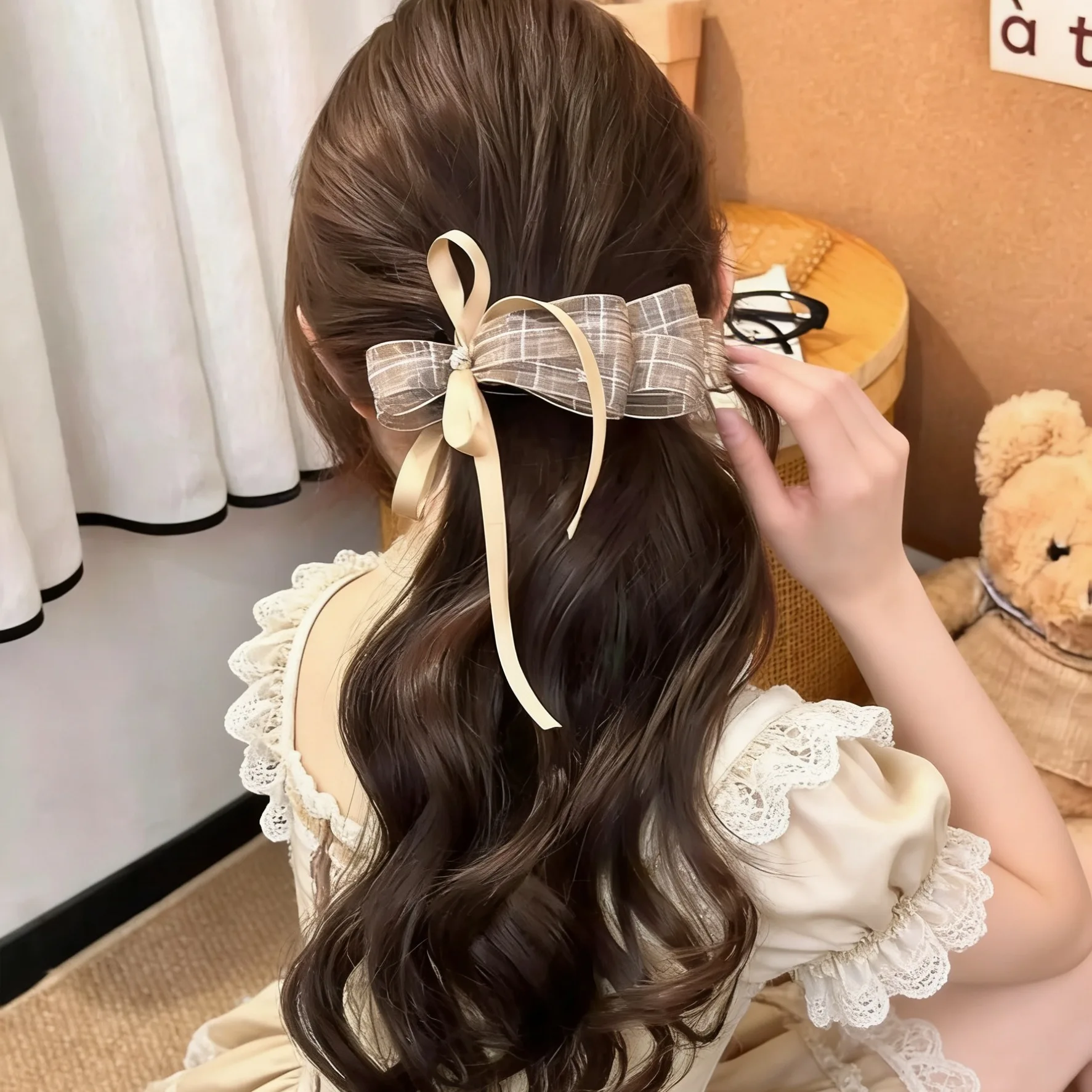 

1pc Plaid Bow Hair Claw Banana Clip with Ribbon French Korean Style for Women High Ponytail Bun Holder Daily Hair Accessory