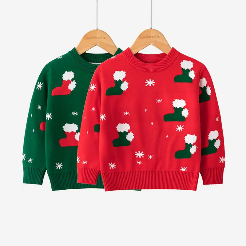 

Kids Casual Christmas Stocking Jacquard Warm Knitted Crew Neck Pullover Sweater Baby Boys Girls Autumn Winter Xmas Sweaters