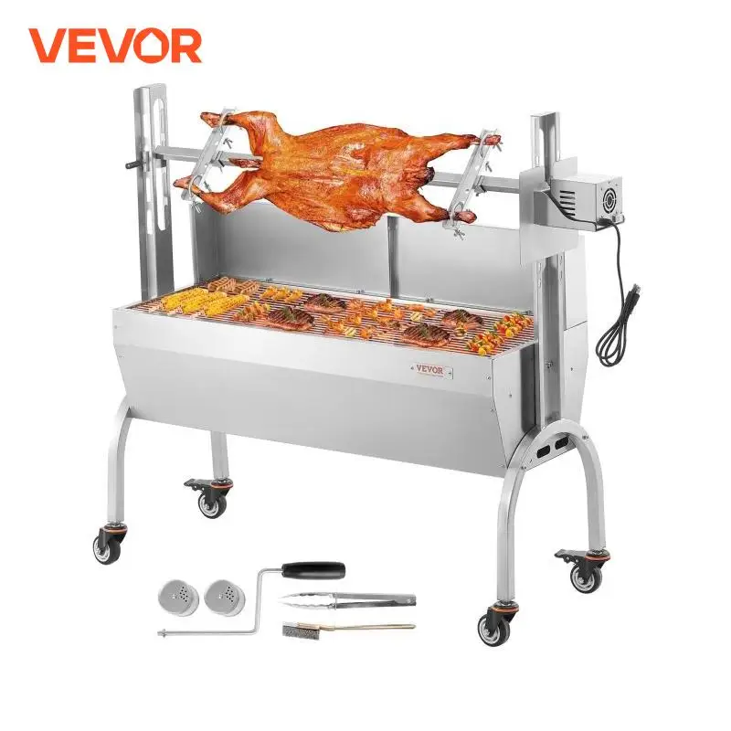 VEVOR 46inch Rotisserie Grill with Windscreen Charcoal Spit Grill 132 Lbs Capacity Stainless Steel Roaster with Lockable Wheels