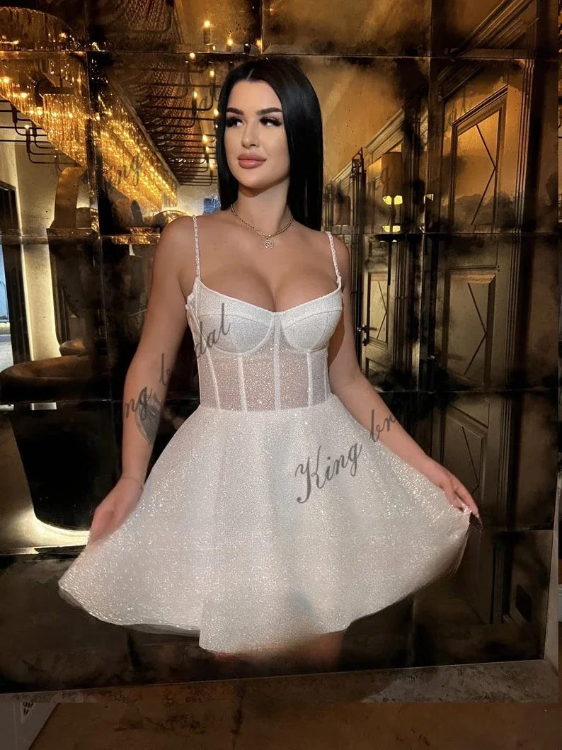 فساتين زفاف قصيرة من Elopement، فستان زفاف مشد، فستان زفاف بسيط لامع، فستان كوكتيل للحفلات الراقصة