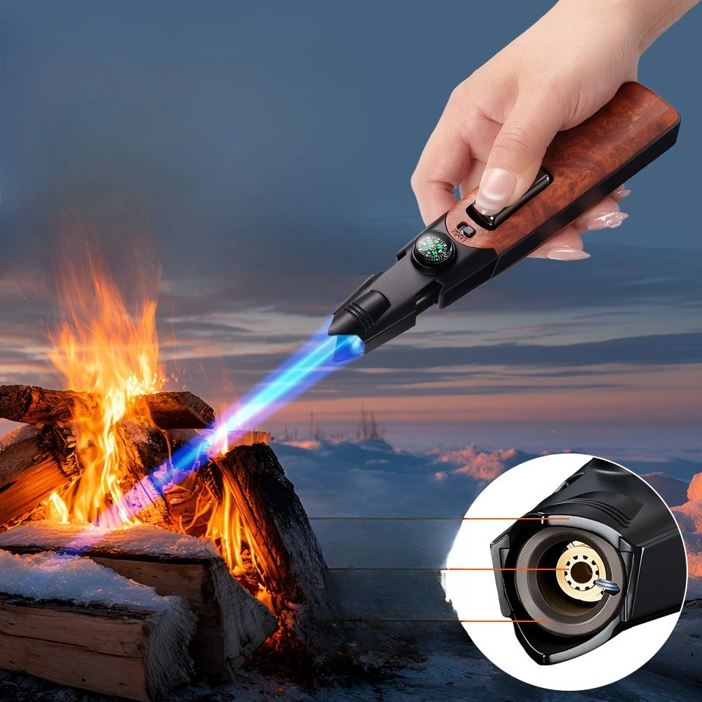 

Multi-Function Butane Torch Lighter,Blue Jet Flame with Compass, Bottle Opener & Window Breaker,Windproof Refillable Gas Lighter
