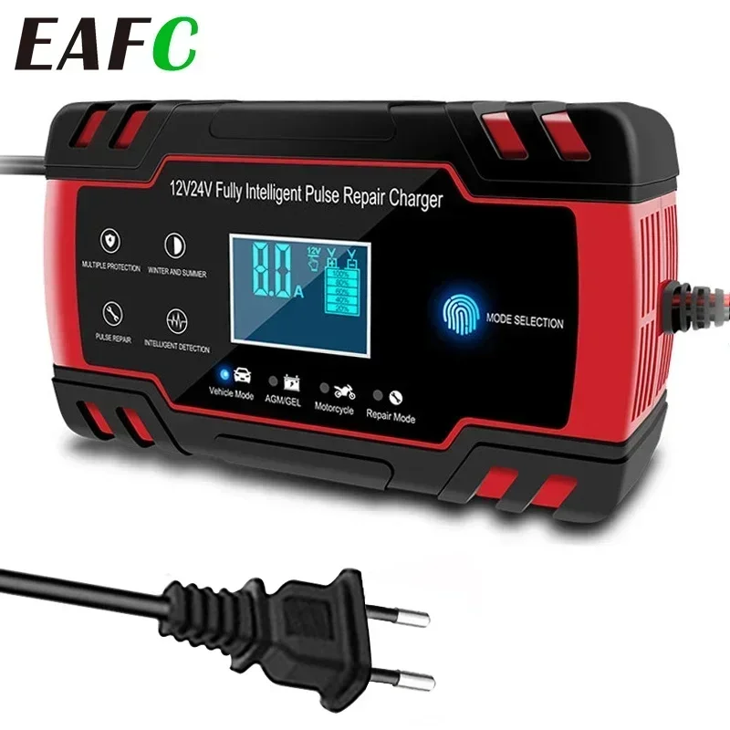12V-24V 8A Vollautomatisches Autobatterie-Ladegerät mit Pulsreparaturfunktion für Nass- und Trocken-Blei-Säure-Batterien mit Digitalem LCD-Display