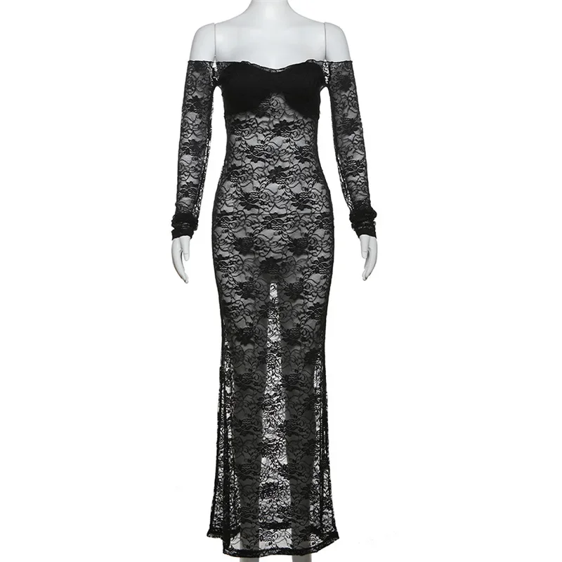 2024 Summer Women's Fashion Sexy Boat Neck Long Sleeve Lace See-through Dress Elegant Sexy Party Dress Club Outfit