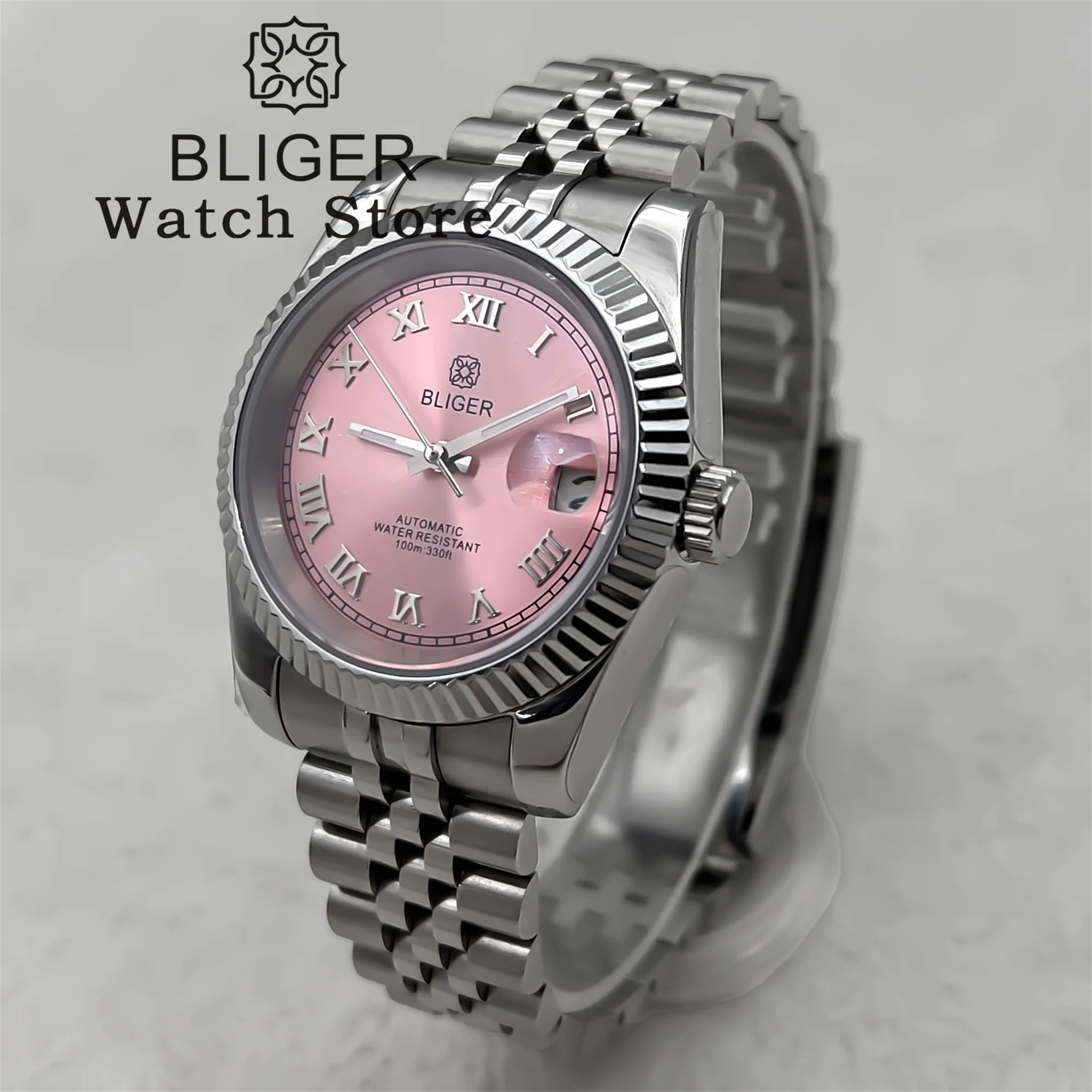 BLIGER-Montre existent pour Homme, Cadran Rose Sunaged, Chiffres Romains Argentés, NH35A, Bracelet en Acier Inoxydable, Verre Saphir pour Datejust, 36mm, 39mm