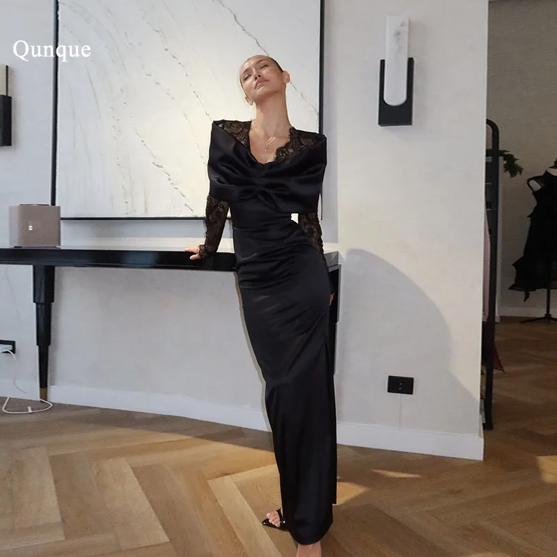 

Qunque Black Illusion Evening Dress Satin Long Dress Party Night Women Classic Mermaid Vestidos De Fiesta Elegantes Customized
