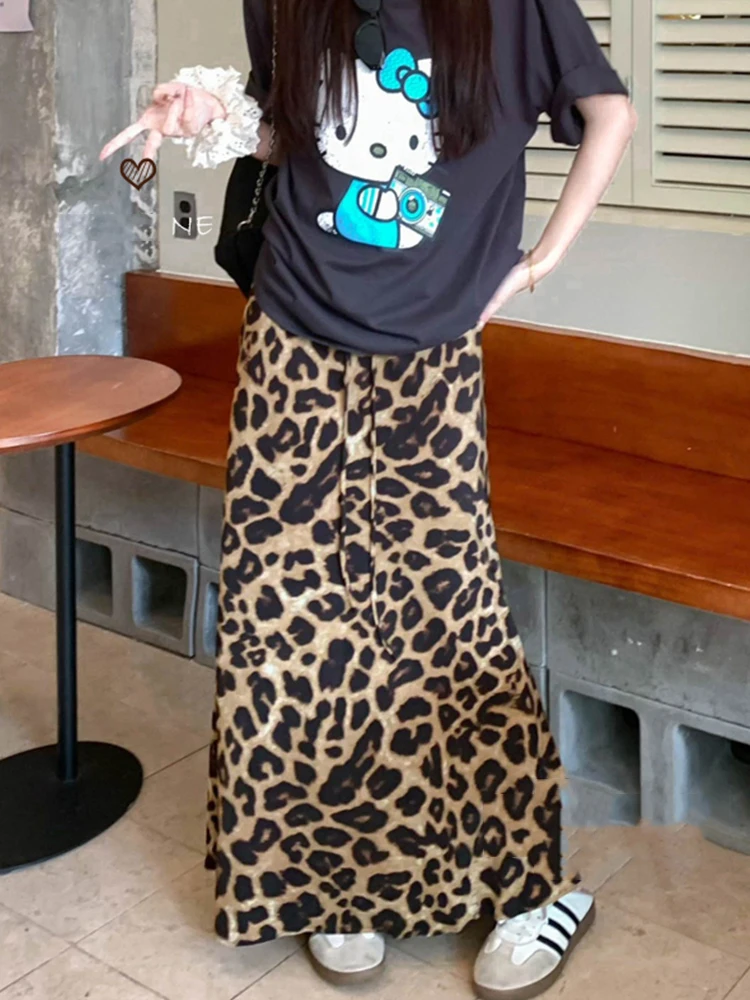 

2024 Summer Vintage Street Leopard Print Mid Long Skirt Women Casual High Waist Retro Sexy Drawstring A-Line Elastic Waist Skirt