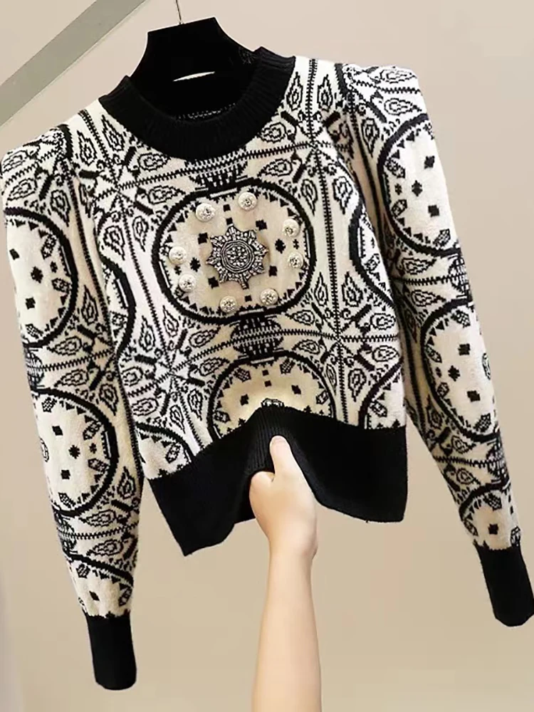 Self-Retained Recommend ~ round Neck Ethnic Sle Heavy Industry Beads Diamond-Embedded Long sleeve Knit Women Design Sense C...