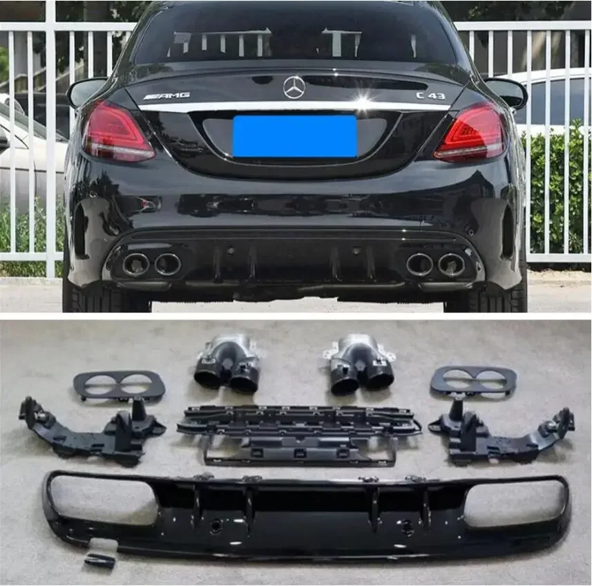 Rear Bumper Diffuser & Exhaust Tips For Mercedes Benz W205 C Class C63 C43 AMG 2015-2021 Trunk Door Lip Spoiler ABS BLACK