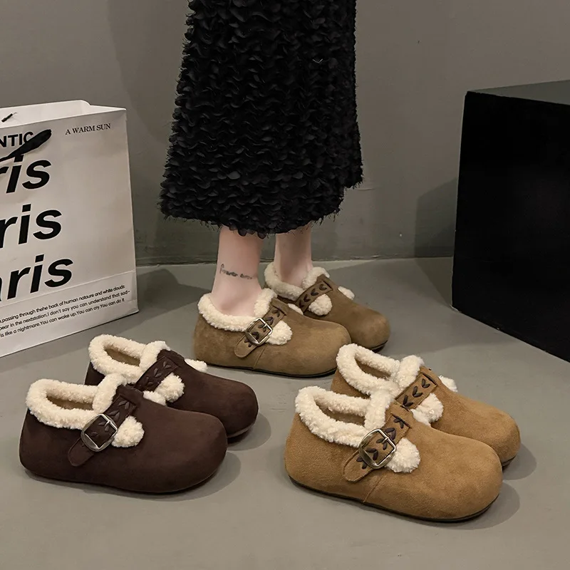 

Женские туфли на плоской подошве с плюшевой пряжкой, хлопковая обувь для улицы, теплые зимние ботинки для удобной зимней моды