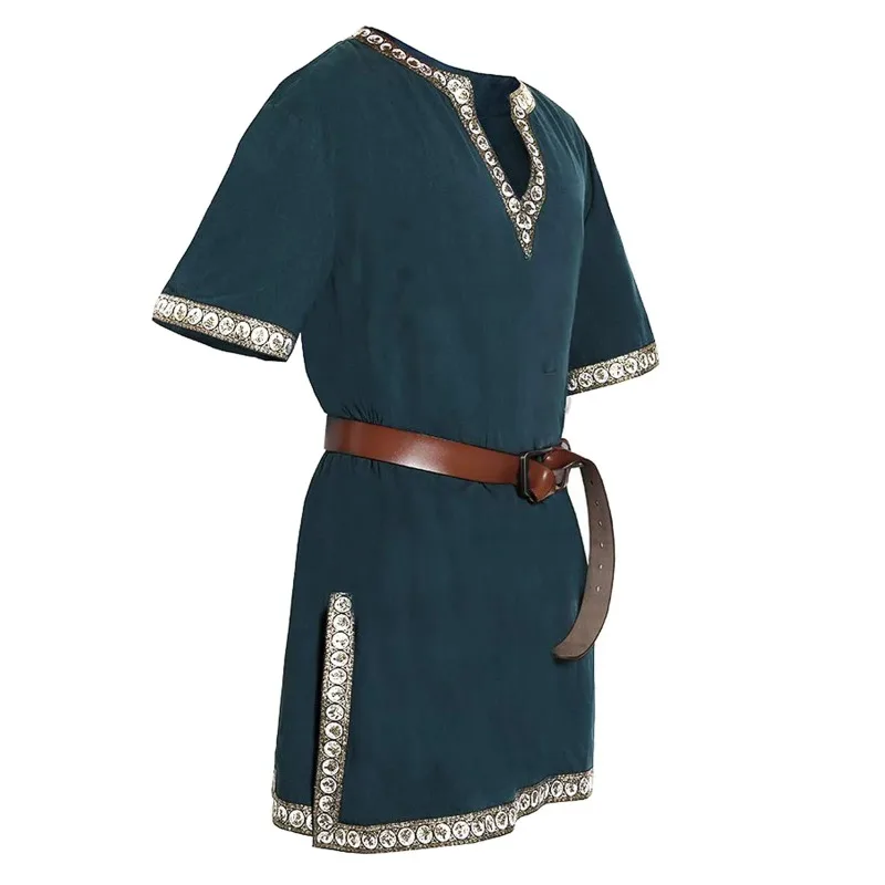 Adult Men Medieval Knight Warrior Costume Green Tunic Clothing Norman Chevalier Braid Viking Pirate Saxon Top Shirt