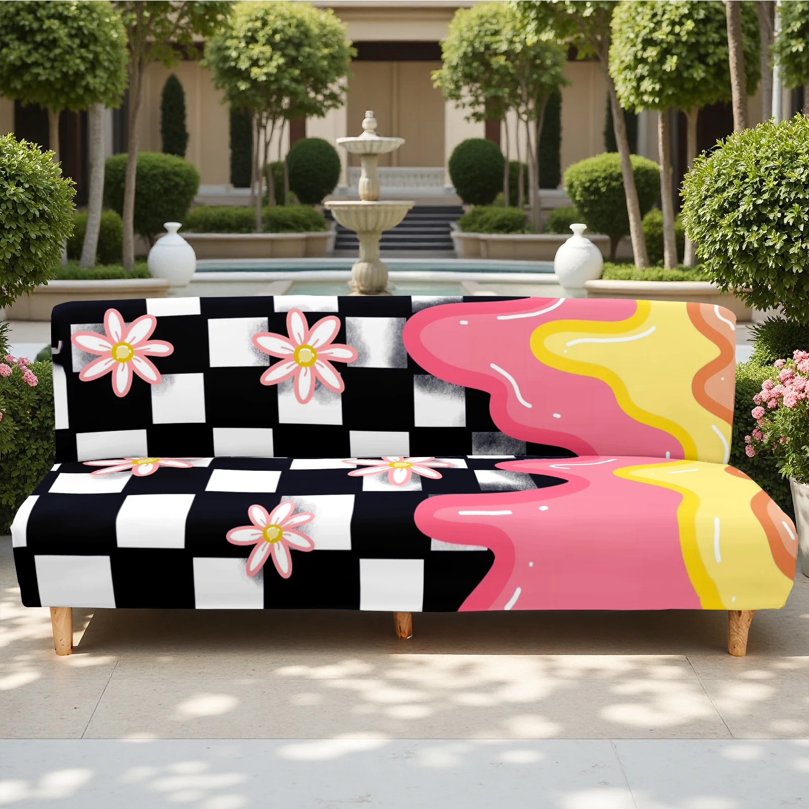 Groovy Checkerboard & Melting Color + Flower Print Summer Outdoor Futon Cover, Milk Silk Elastic Slipcover,