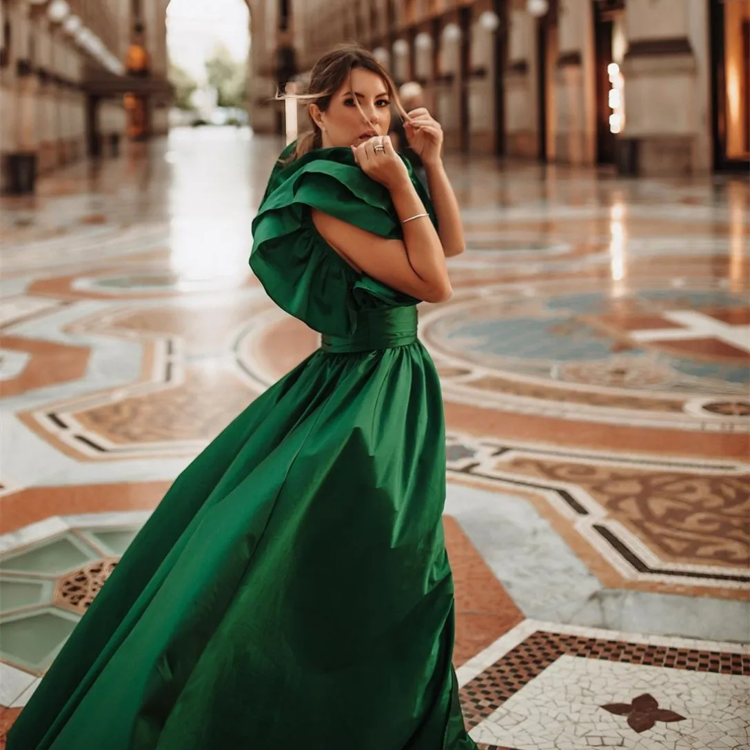 Long Green Satin Prom Dresses with Slit Mermaid V-Neck Pleated Watteau Train Wedding Guest Dress Formal Evening Dress for Women