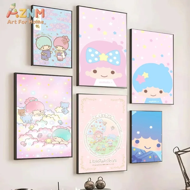 Sanrio Little Twin Stars Kimono Sakura Canvas Wall Art Unframed Canvas Poster Print for Girls Bedroom Home Decor Gift