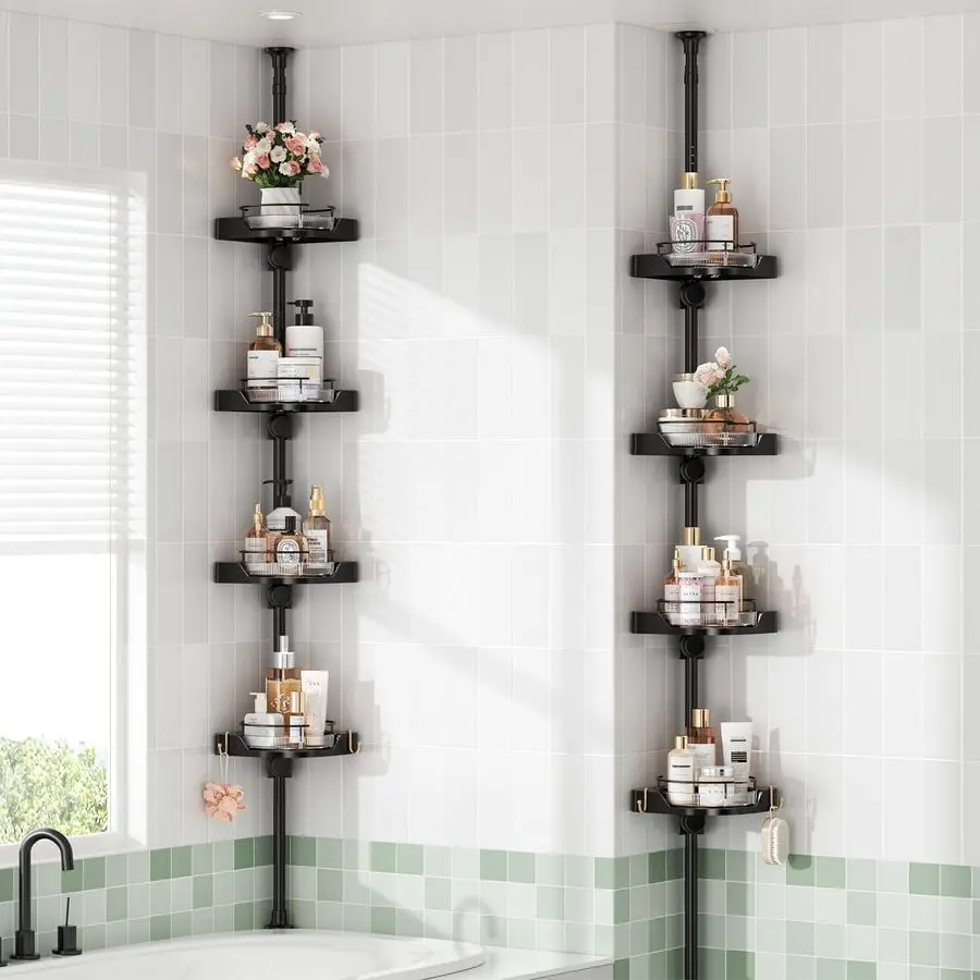 

Rotating Corner Shower Caddy Tension Pole Organizer 4Tier Adjustable Rustproof Metal Pole, Plastic Shelves with Safety Guardrail