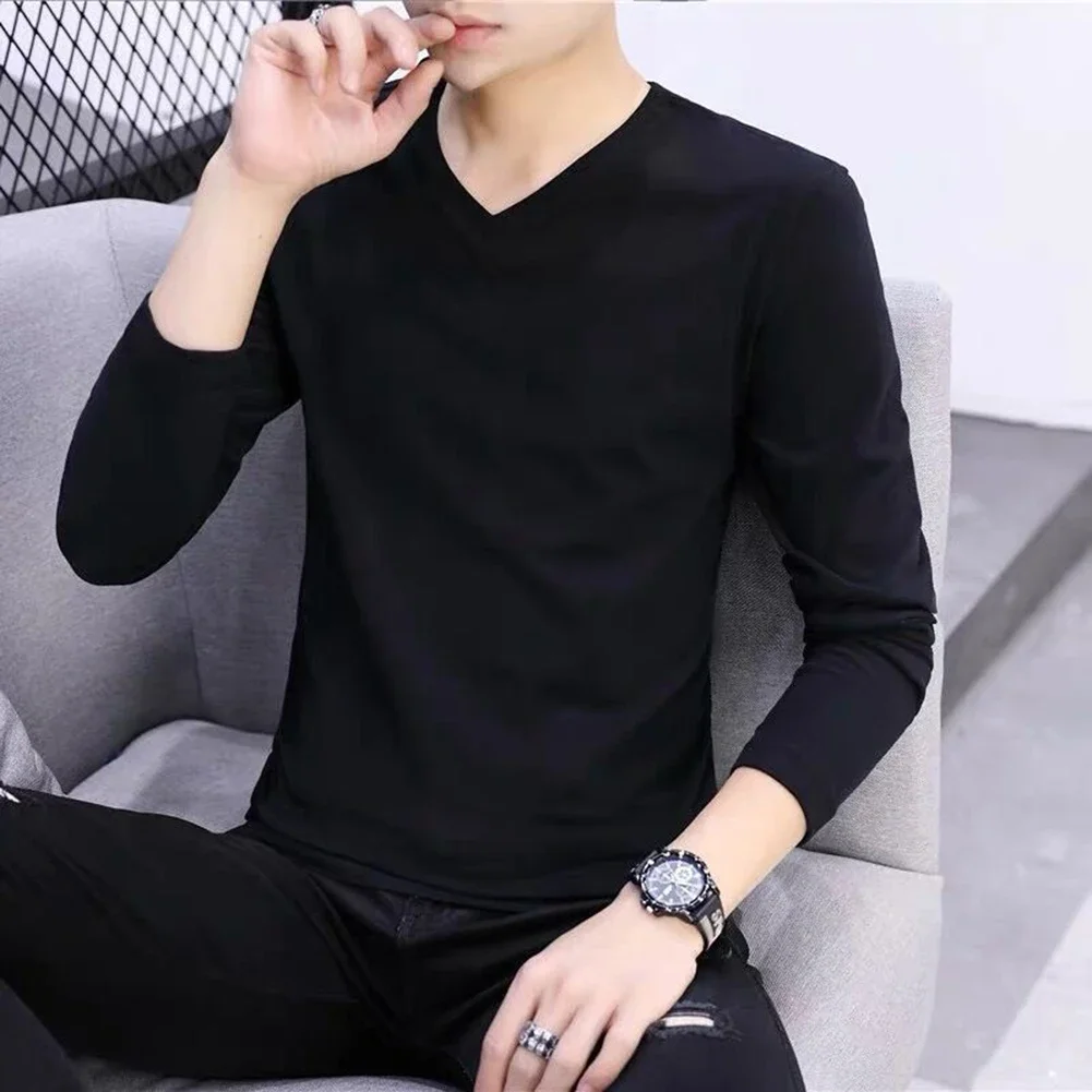 

Pullover Men T-shirt Solid Color Spring Summer V-Neck Basic Casual Fashionable Long Sleeve Polyester S-5XL Slim