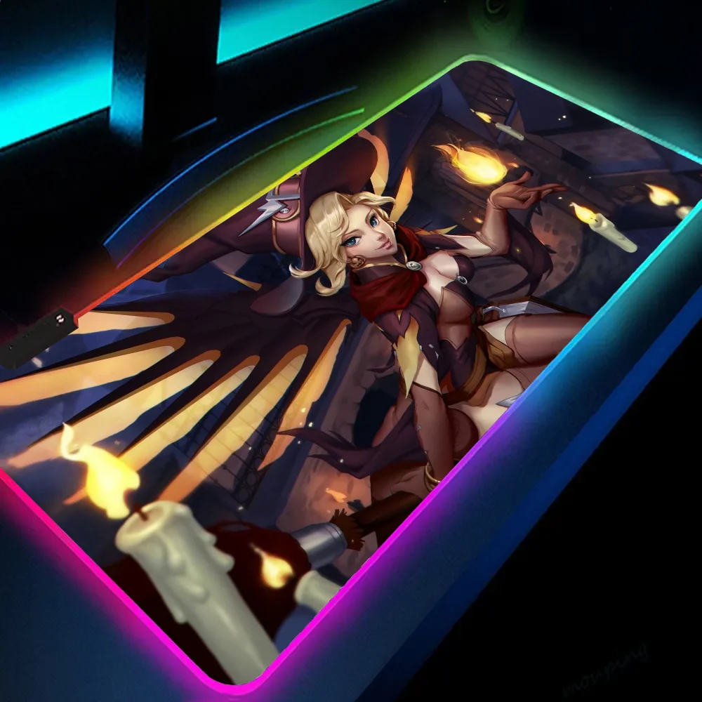 1pc Witch Mercy Overwatch Mat XXL RGB Gaming Mouse Pads HD Black Gamer Accessories Large LED