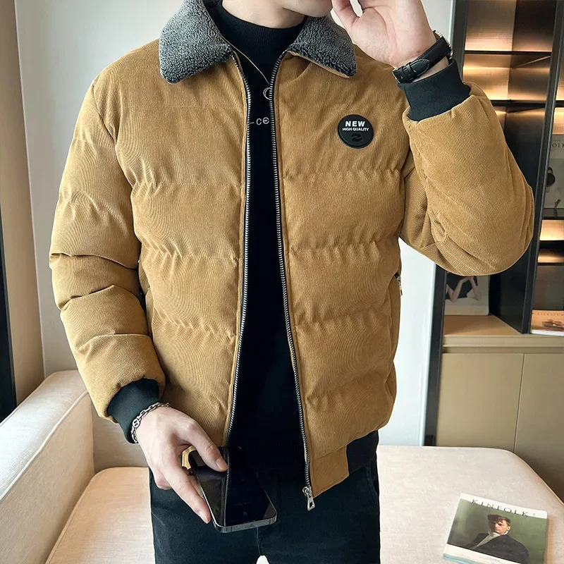 

Parkas Coat Loose Solid Windproof Fur Collar Warm Corduroy Parka Jacket Fashion Casual Windbreaker Winter Fleece Jacket Men