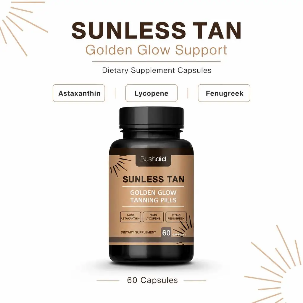 

BushAid Sunless Tan Glow Capsules with Astaxanthin Lycopene Fenugreek for Even Skin Tone and Enhanced Radiance, 60 Count