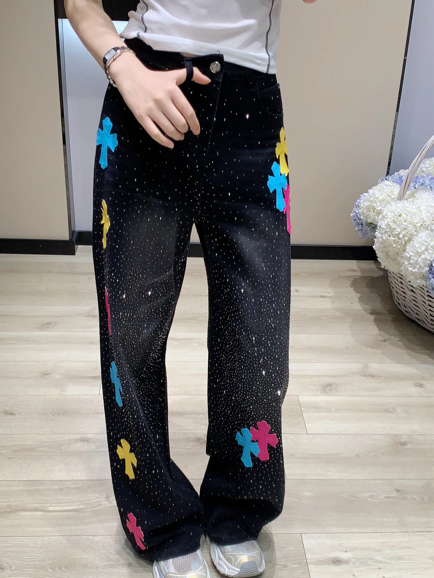 

High Waist Straight Leg Denim Jeans Women's Loose Wide Leg Pants Cross Stitch Rhinestone Patchwork Cotton Jeans