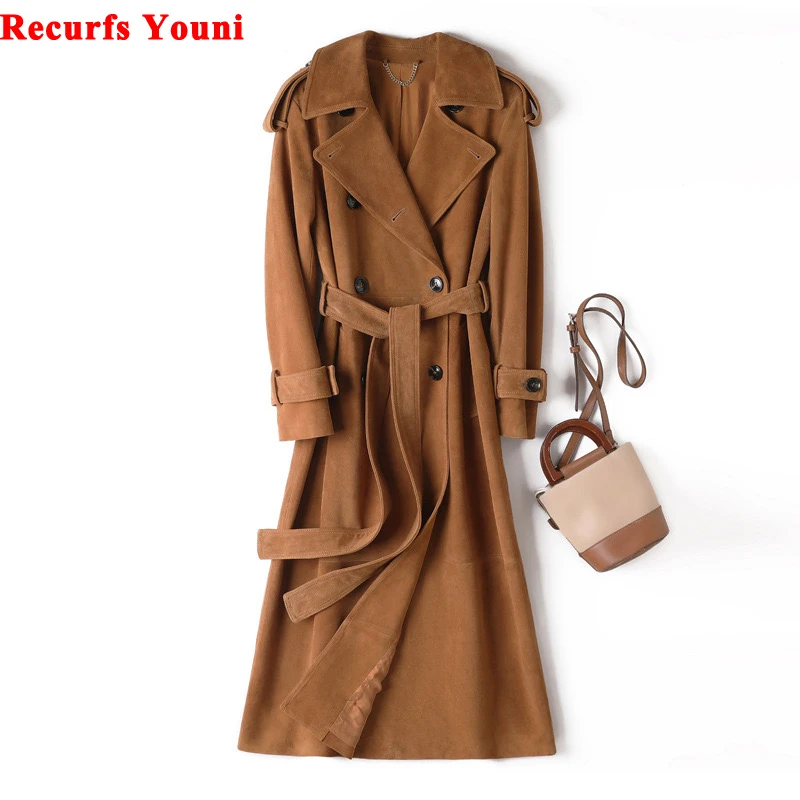 European Women Kid Suede Trench Coat 2024 Winter Large Lapel Double Breast Belt Genuine Leather Overcoat Long Manteau Femme