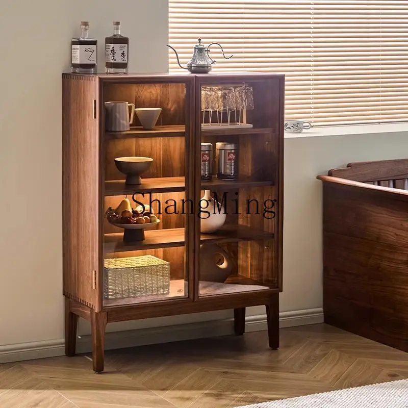 

ZYY Household Black Walnut Side Cabinet Glass Tea Set Storage Cabinet Floor Display Entrance Cabinet
