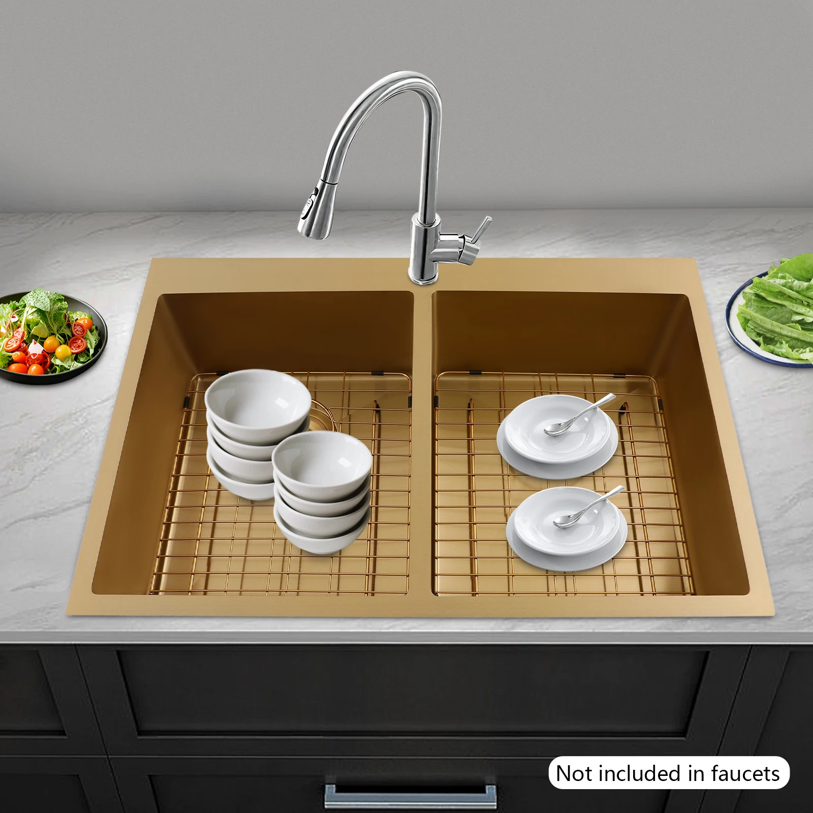 

Stainless Steel Sink,Gold Rectangular Double Bowl Sink Topmount 83.8*55.9*20cm for Kitchen,Restaurant