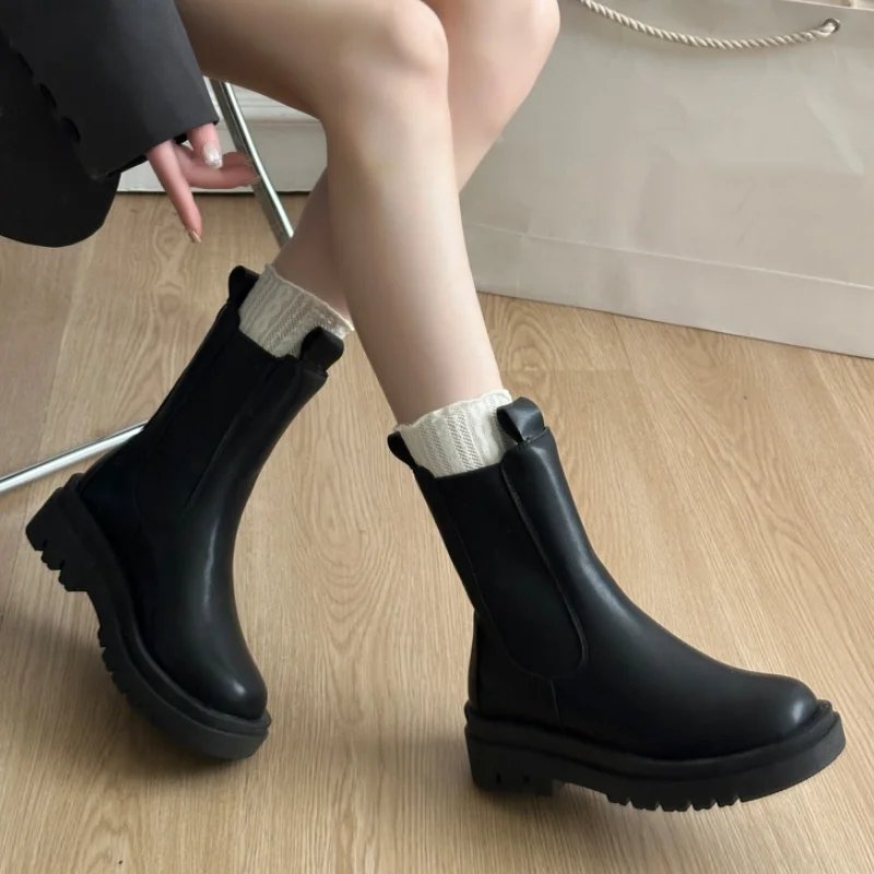 

Новые модные сексуальные повседневные рыцарские ботинки с круглым носком на толстой подошве для женщин, зимние удобные элегантные нескользящие ботинки на средней подошве