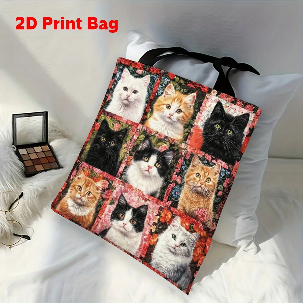 1pc Cat Flower Field Tote Bag with Nine Cats Flowers Tote Bag for Shopping Pouch Durable Polyester Handbag for Daily Use