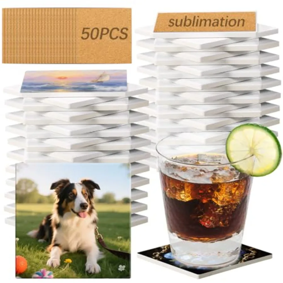 

50 Pack Sublimation Blank Coasters with Cork Backing, 4X4inch Matte Finish Blank Ceramic Tiles Crafts Coasters Pads for Sublima