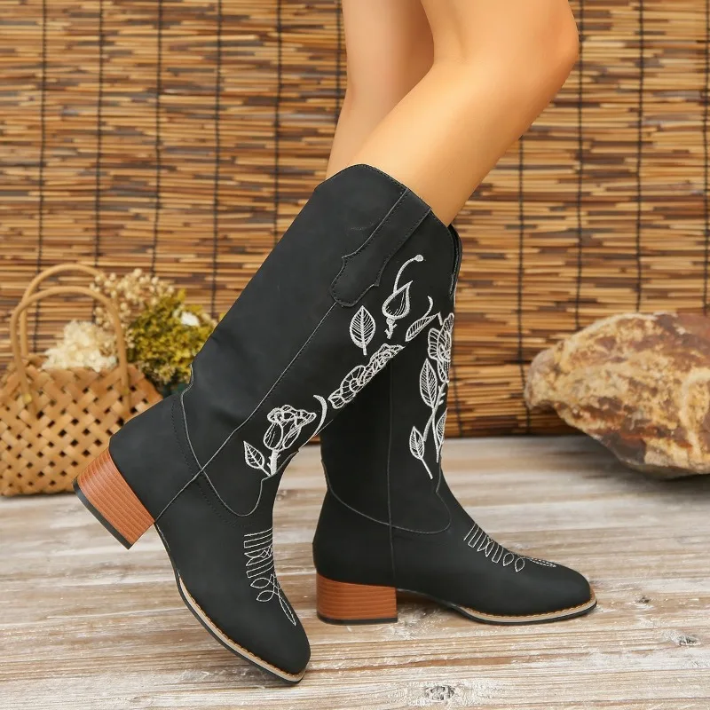 Ladies Shoes on Sale 2023 High Quality Sleeve Women Boots Winter Square Toe Embroidery Solid High Tube Chunky Heels Knight Boots