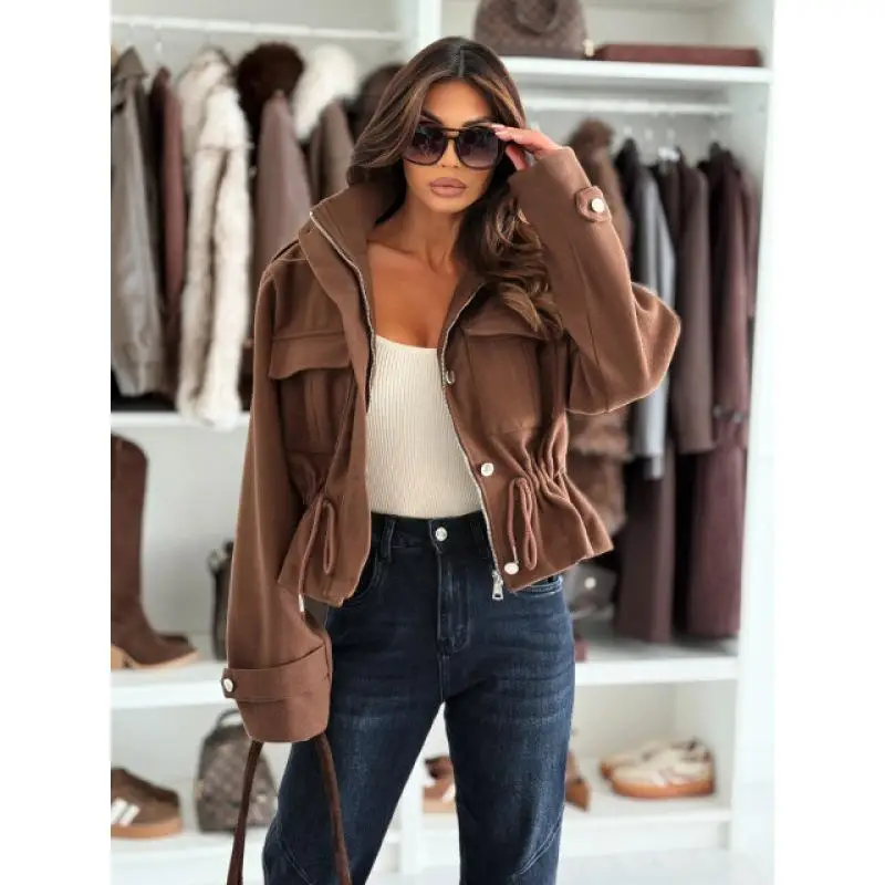 

Женское пальто осень-зима с завязками на талии, приталенный воротник-стойка на молнии, европейский стиль, большие размеры, стандартная посадка