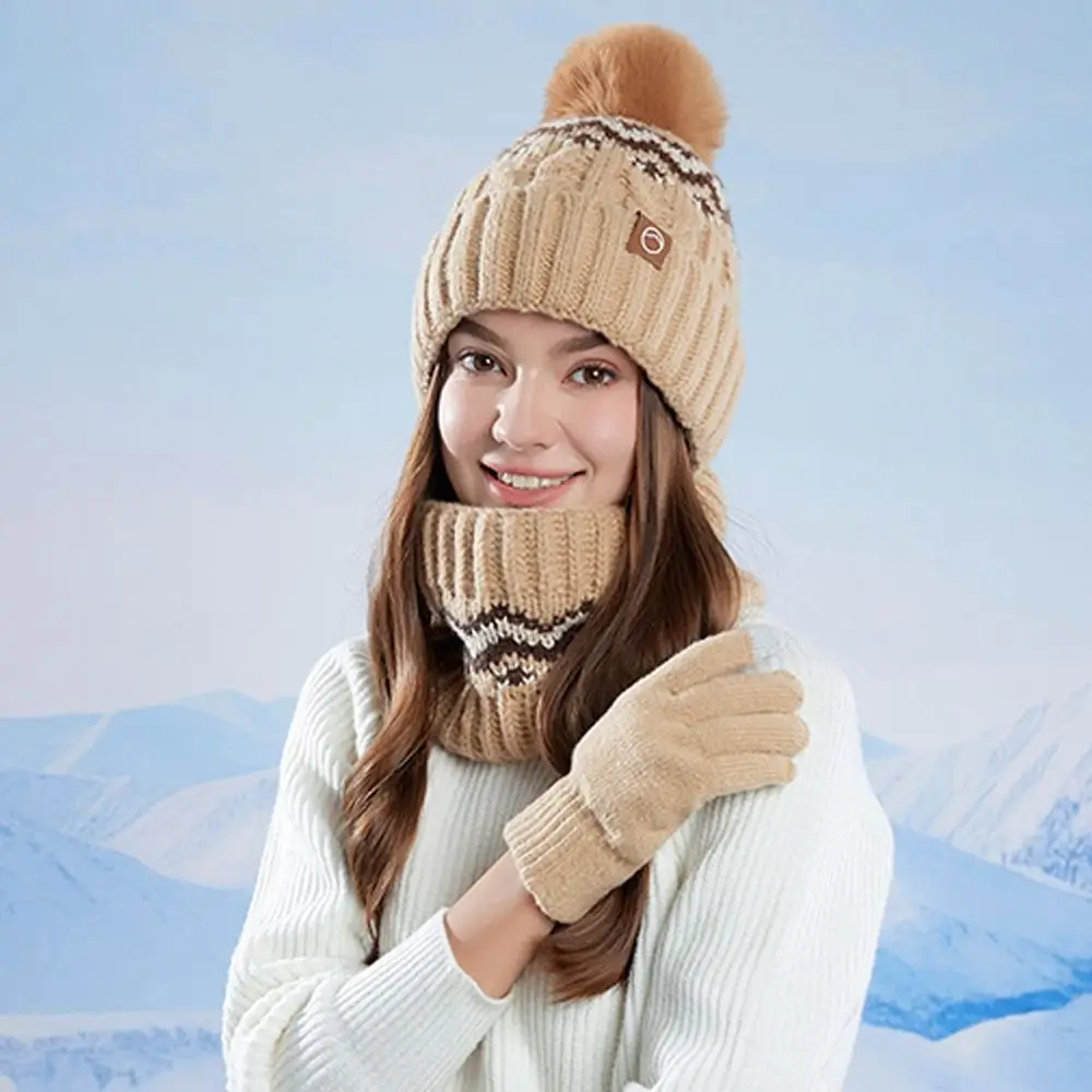 

3 шт./компл., модная теплая зимняя шапка, шарф, перчатки, вязаная шапка с сенсорным экраном, ветрозащитная мягкая шапка-бини, уличная шапка