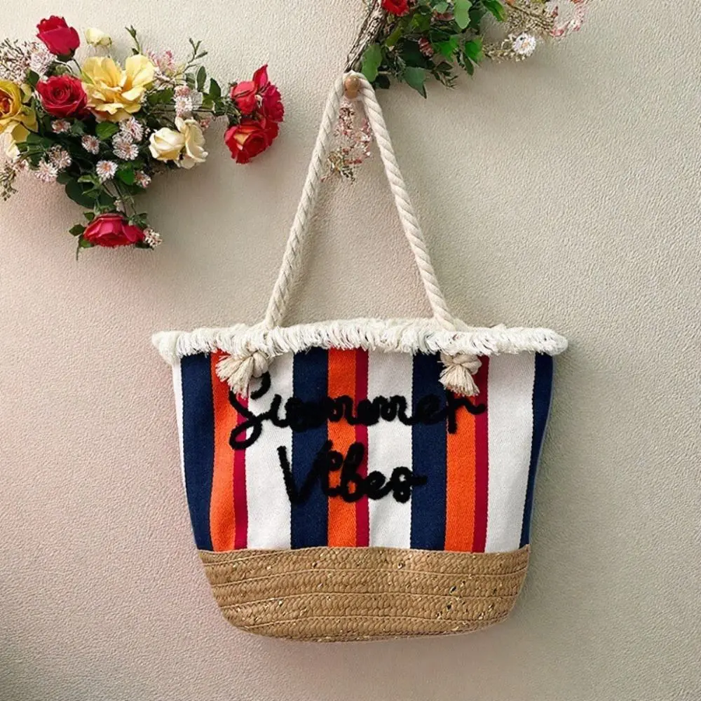 

Соломенная тканая сумка в полоску, большая вместительная пляжная сумка-тоут с вышивкой букв, парусиновая повседневная богемная сумка на плечо, женская