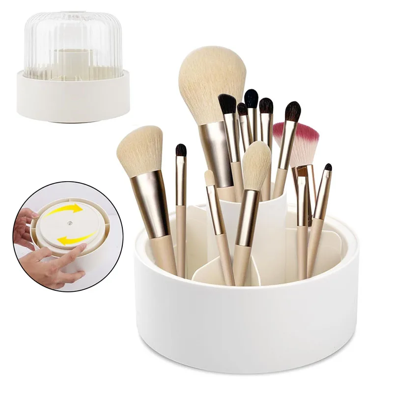 

360 ° Вращающийся держатель для кистей для макияжа, органайзер с крышкой, 5 слотов, поворотный косметический инструмент, органайзер, пыленепроницаемый настольный органайзер для макияжа