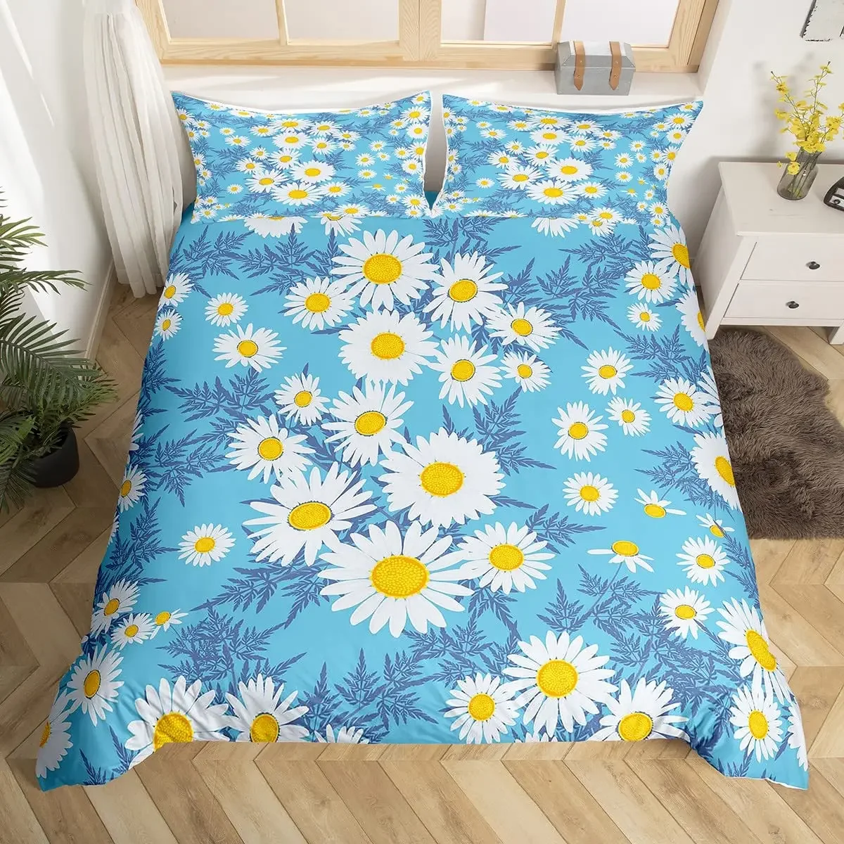 Yellow Daisy Duvet Cover Set Cute Floral Bedding Set for Kids Child Girls Garden Flowers King Comforter Cover with Pillowcase