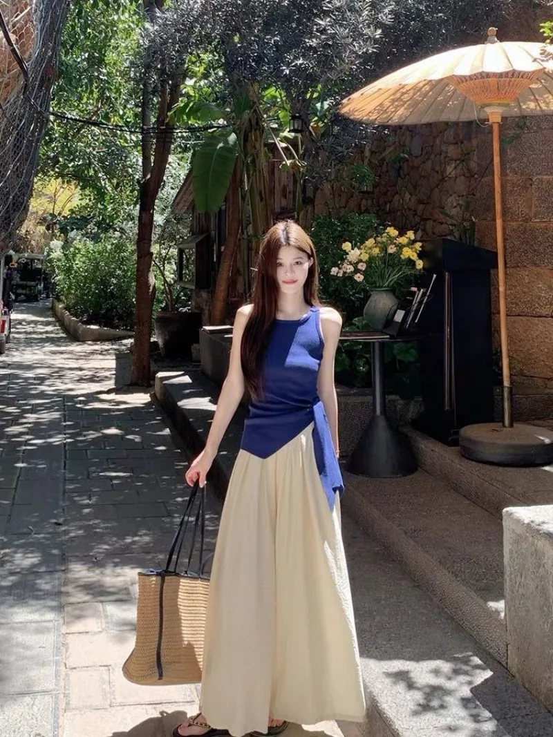

Hot Girl Sexy Style Waist Cinch Tie Sleeveless Top Split Hem Apricot Wide Leg Pants Women Korean Set 2026 Summer