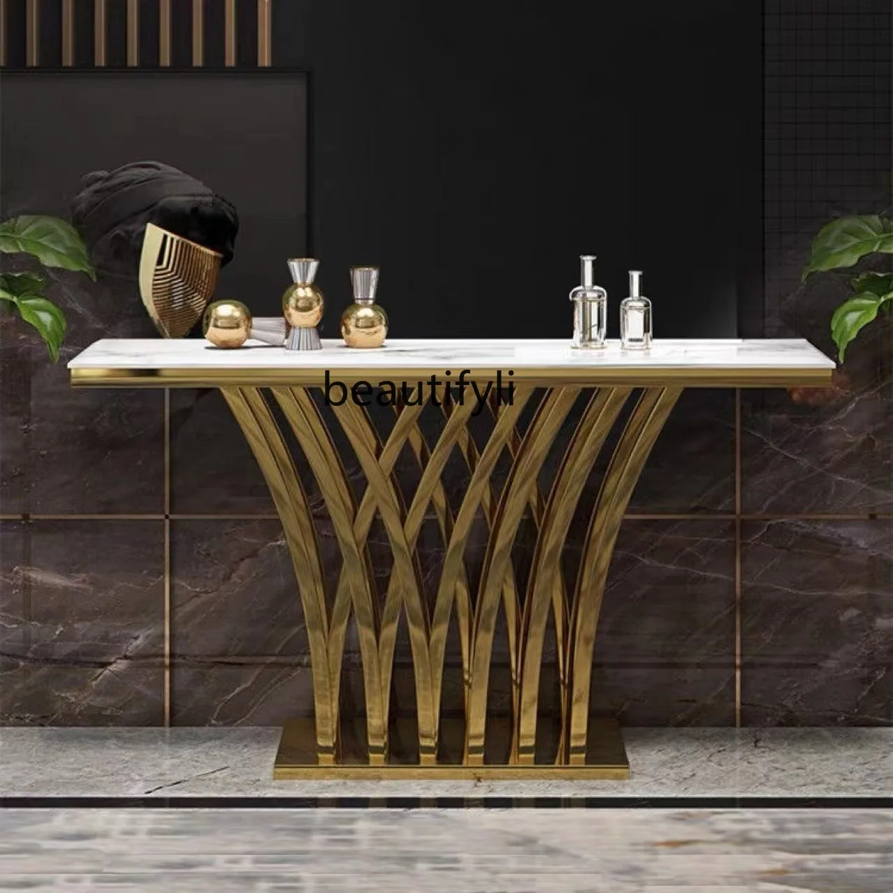 

Nordic light luxury stainless steel marble entrance table corridor creative entrance table against the wall