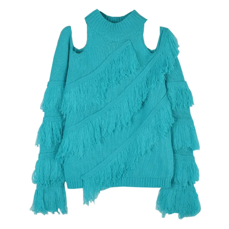 

Sexy Halter Tassel Sweater for Women Spring Clothing Korean Style Slimming Sexy Shoulder-Baring Sweater Green Knitwear Top