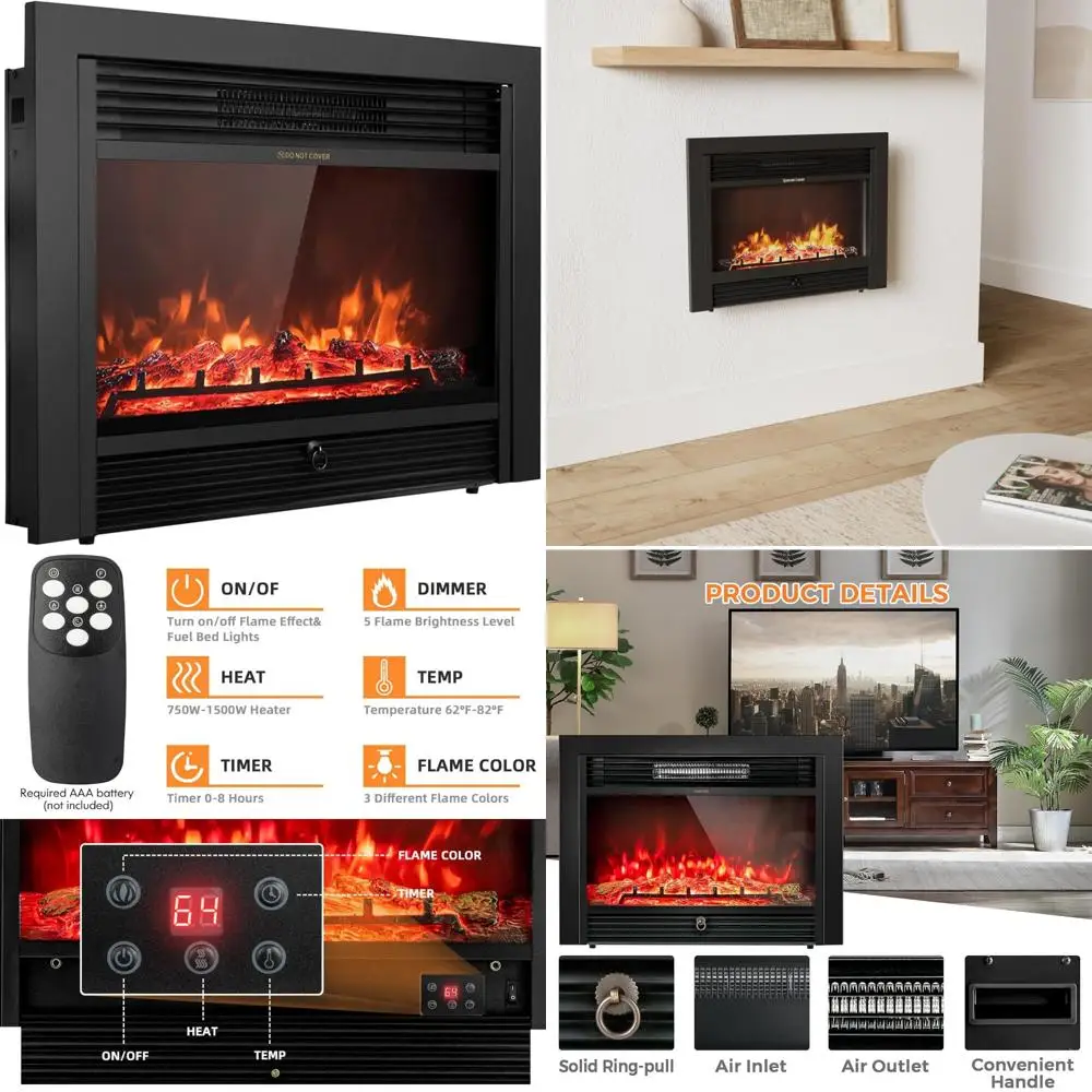 28.5 Wall-Mounted Electric Fireplace, Adjustable 3-Color Flames, Remote Control Included