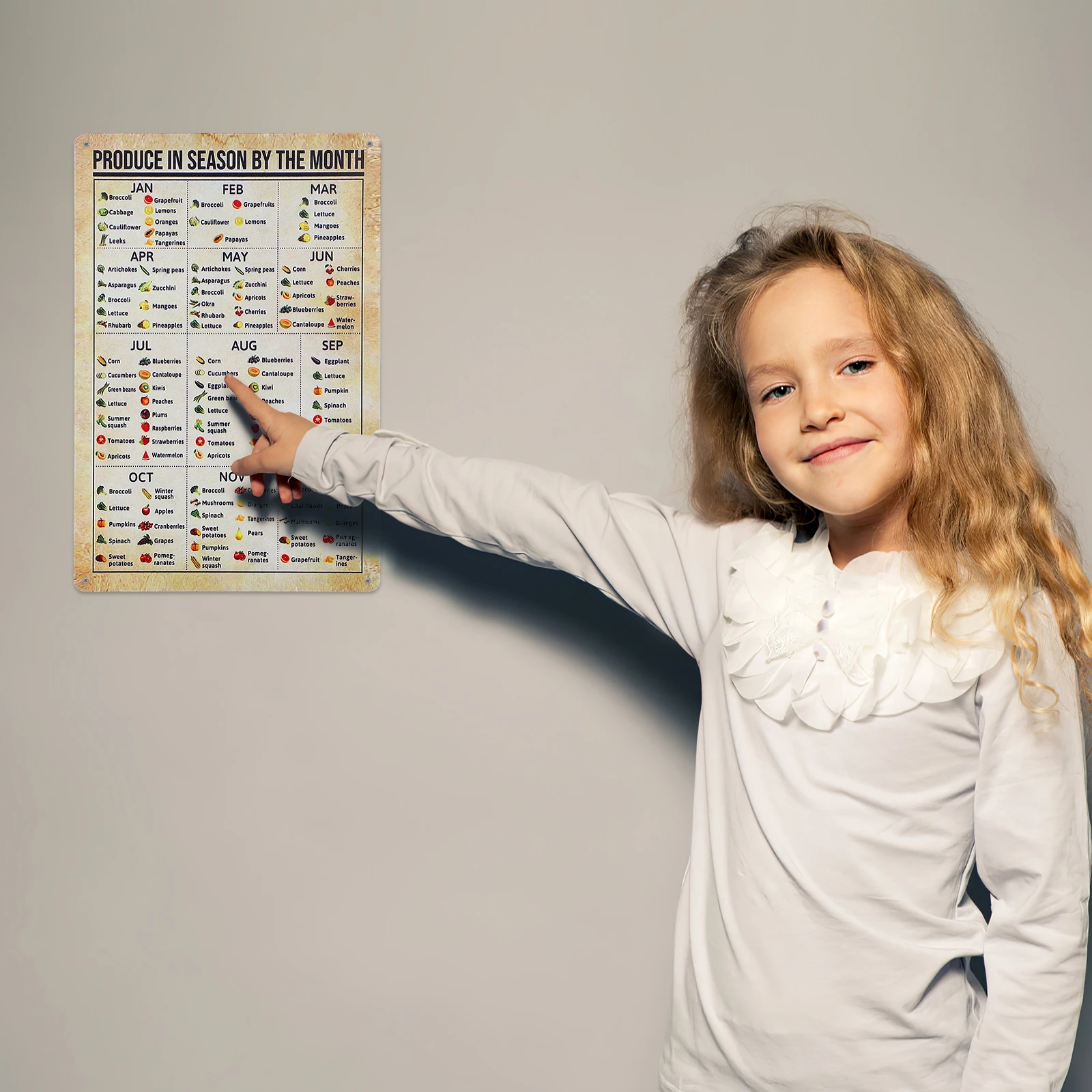 

Vintage Metal Vegetable Fruit Sign Seasonal Knowledge Poster Wall Decor Kitchen Home Rust Resistant Signage Produce In