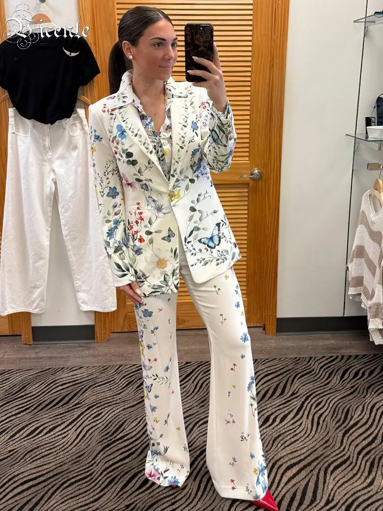 VC Floral Print Blazer Pant Suit Set Elegant 2 Piece Office Lady Outfit Long Sleeve Lapel Jacket High Waist Wide Leg Pants Set