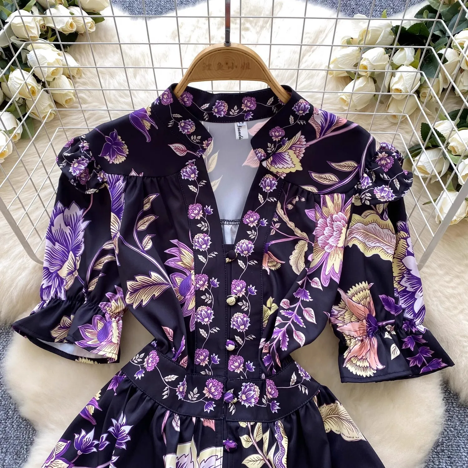 2025 Spring Summer Holiday Floral Short Dress Shirt Women Single Breasted Print Purple Elegant V Neck Bohemia Beach Vestidos