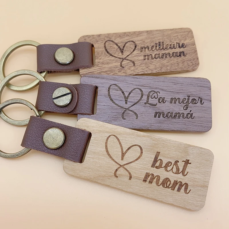 Wooden Keychain Laser Engraved “best Mom” in French Spanish Walnut Keyring Heart Pattern Bag Pendant Key Fob Mother's’ Day Gift