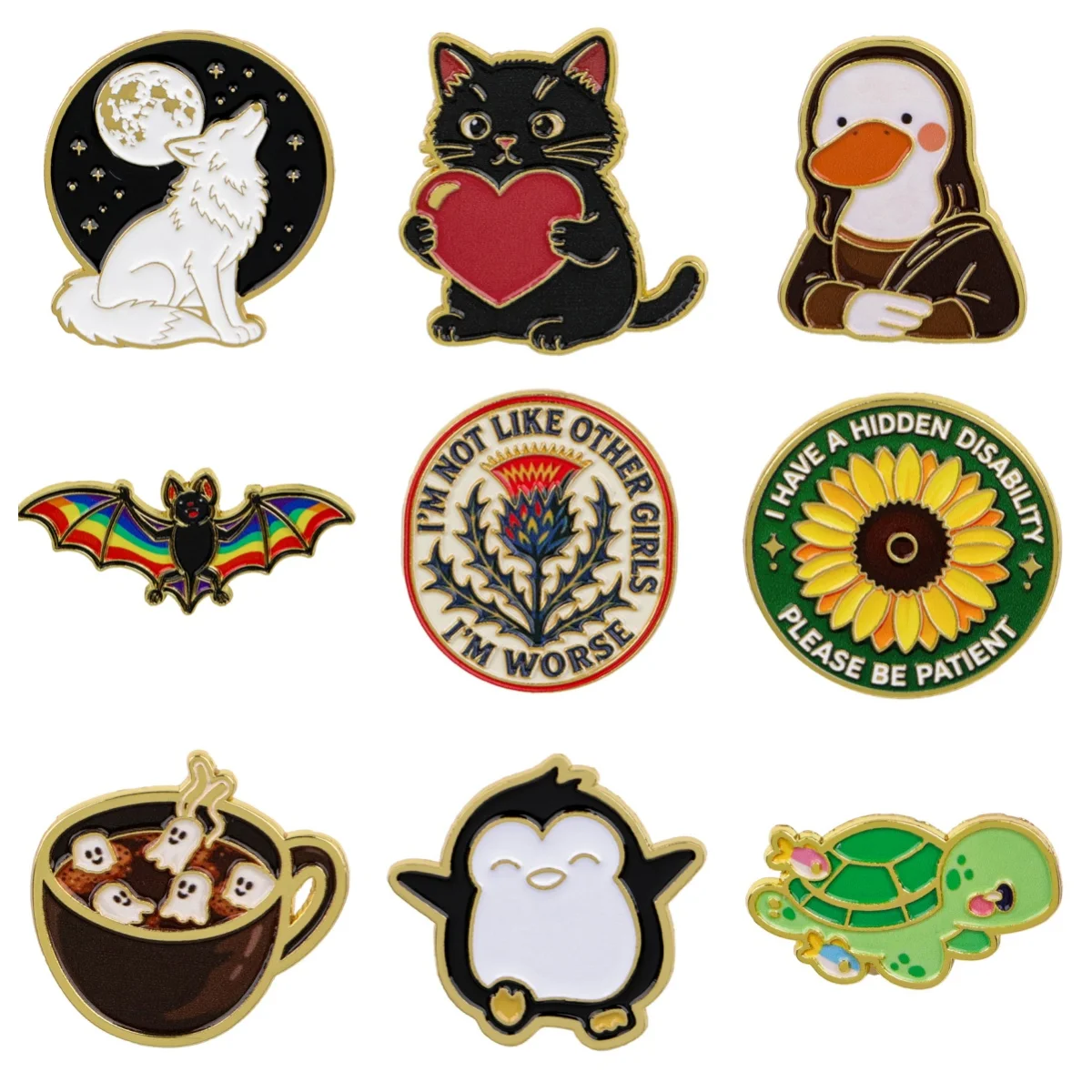 Cute Aesthetic Animal Enamel Pins Wolf Cat Penguin Turtle Brooches Lapel Badges for Backpack Clothes Jewelry Accessories